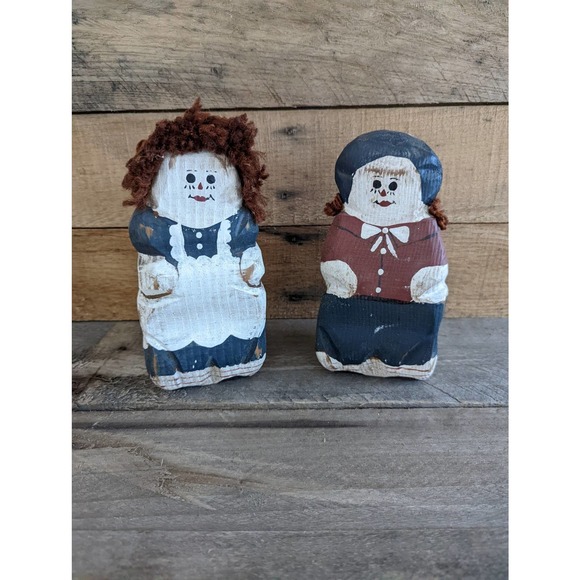 Vintage Set of two Wooden Block Primitive Folk Art Rag Dolls - Picture 1 of 10